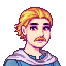 Digital recreation of a Stardew Valley Farmer persona with blonde hair, masculine features, a moustache, thick eyebrows, and large eyes wearing a blue shirt with a purple cardigan